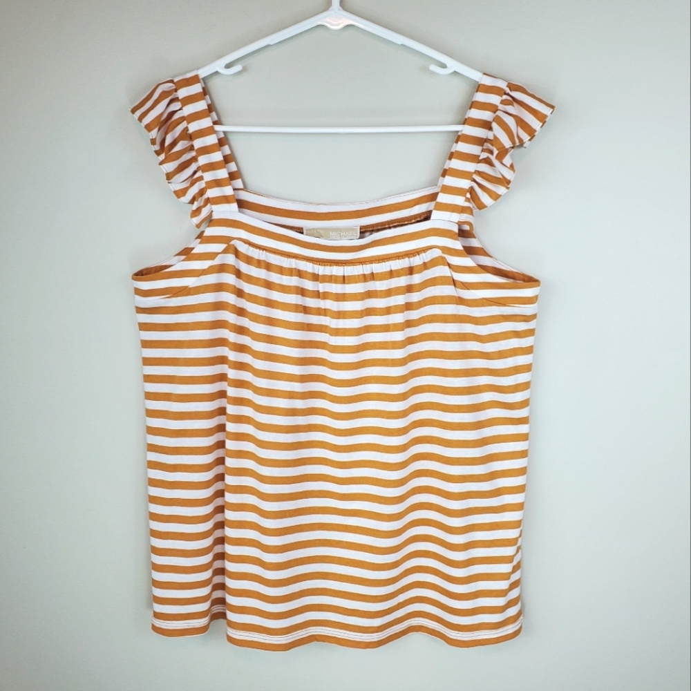 Michael Michael Kors Size M Marigold White Striped Ruffle Strap Tanktop